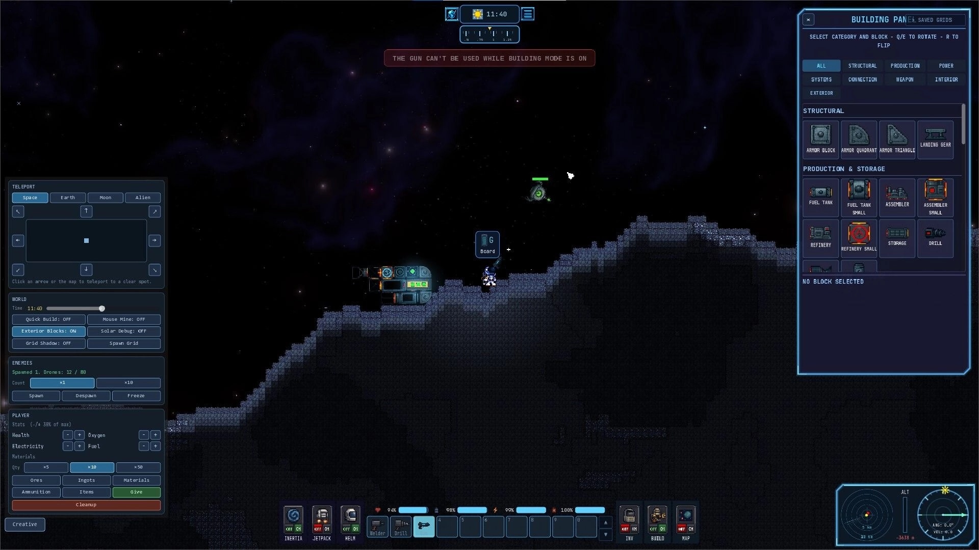 MineEngineer: Building panel open as astronaut stands by a small base on a rocky moon surface in space.
