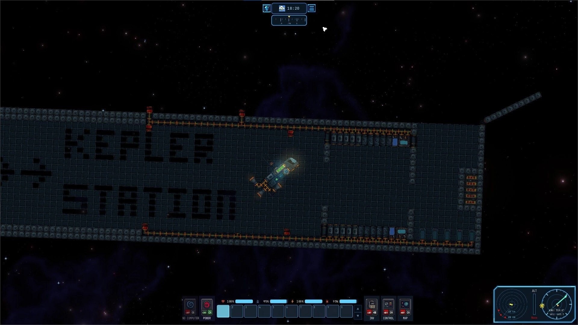 MineEngineer: Small ship flying inside a long block-built station corridor in starry space, HUD visible.