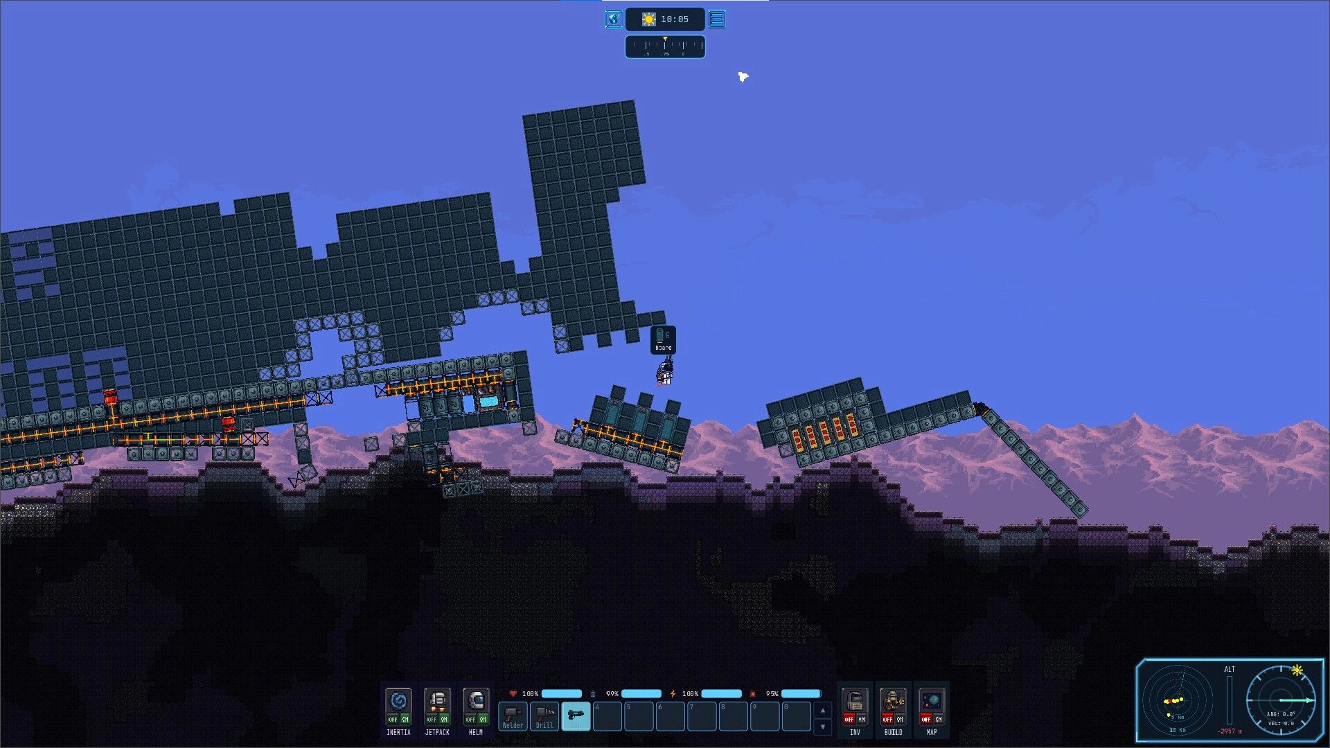 MineEngineer: Player jetpacks near a broken block ship, with hot conveyors and tool hotbar UI above terrain.