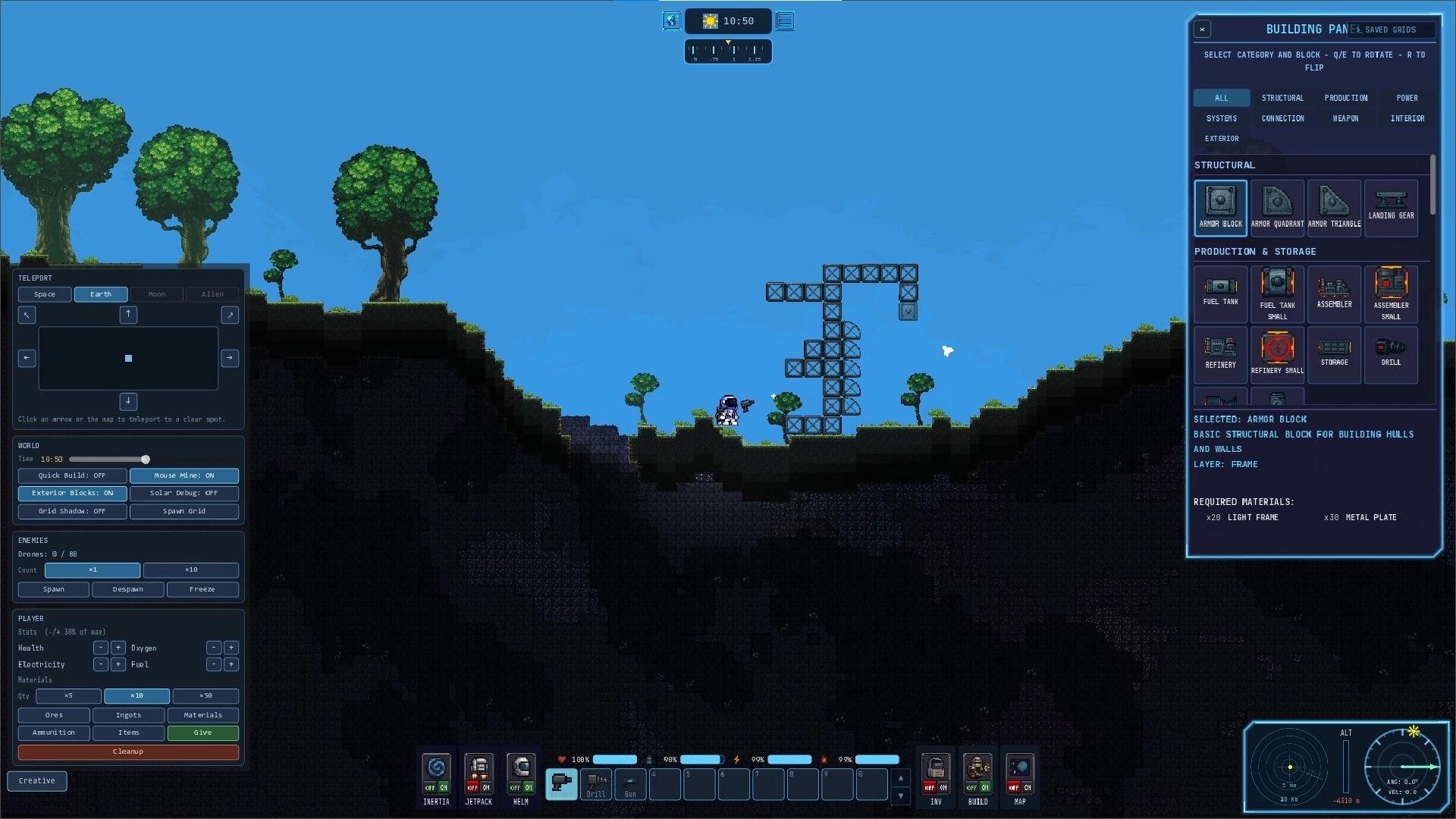 MineEngineer: Astronaut builds metal frame structure with building panel open on a grassy hillside.
