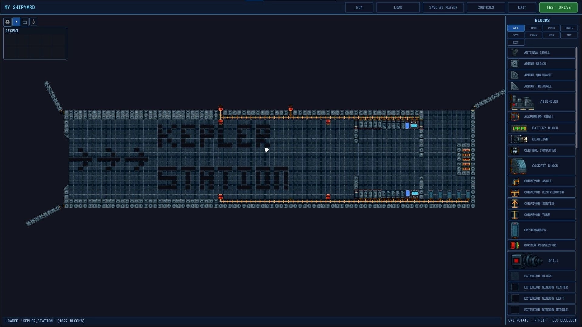 MineEngineer: Shipyard editor building a large station with conveyors and block list UI in space grid.