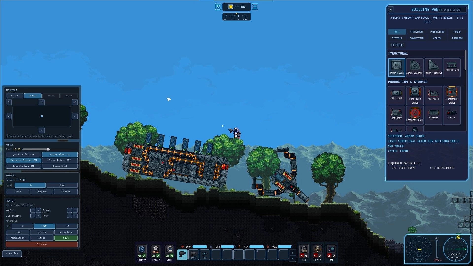 MineEngineer: Building panel open as astronaut stands on trees beside a blocky rover on hills.