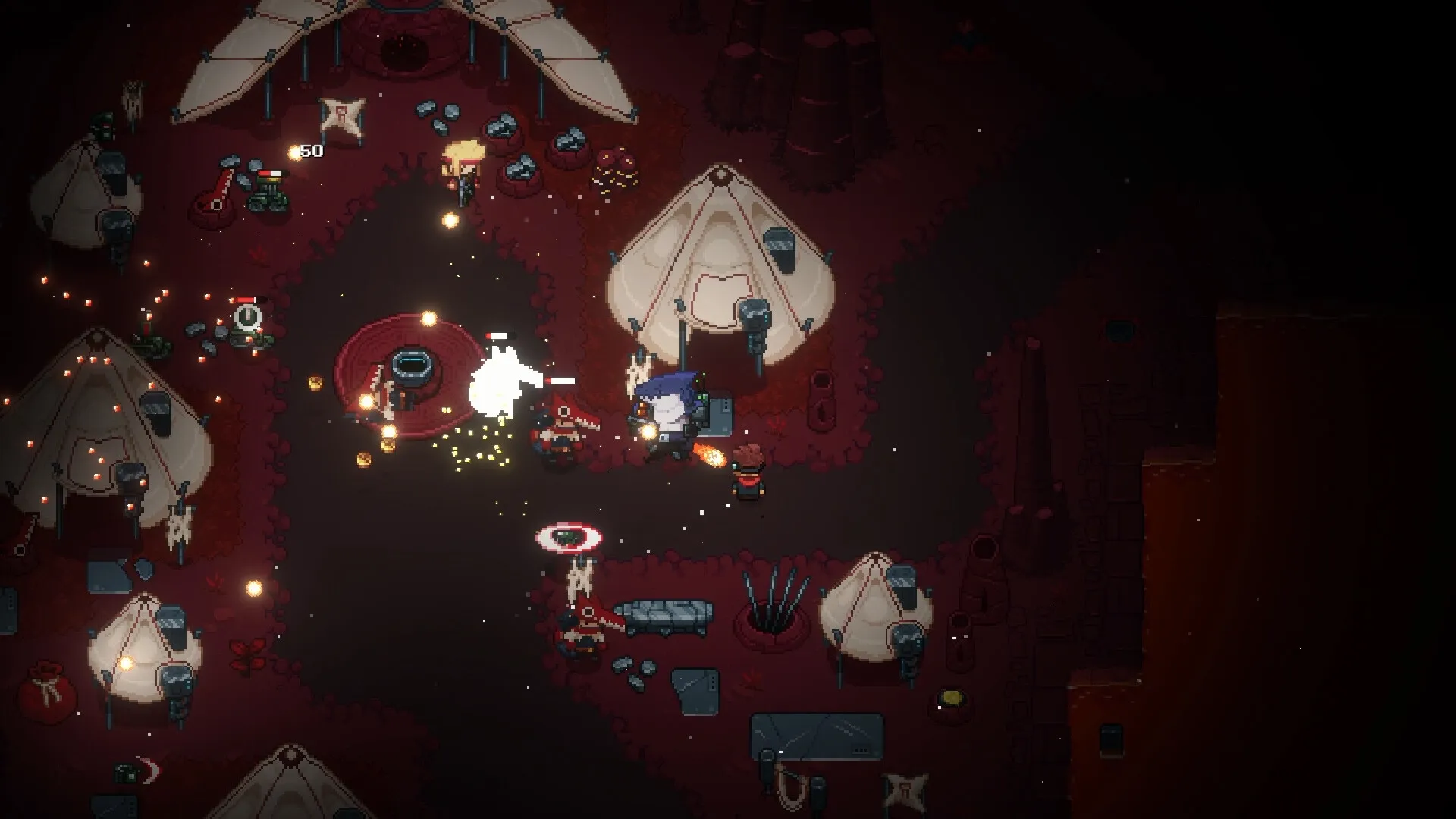 MineGeon: Characters engage in combat outside tents on a rocky, dark red planet surface.