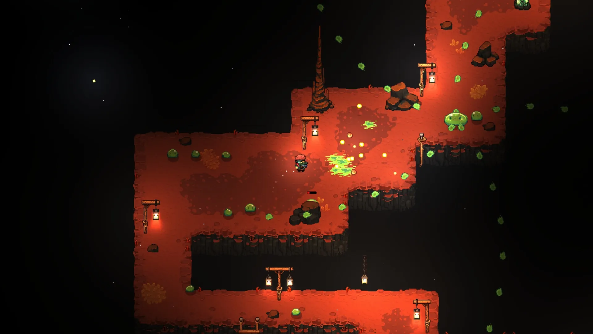 MineGeon: Character explores dimly lit minegeon with glowing green slimes and scattered lanterns.