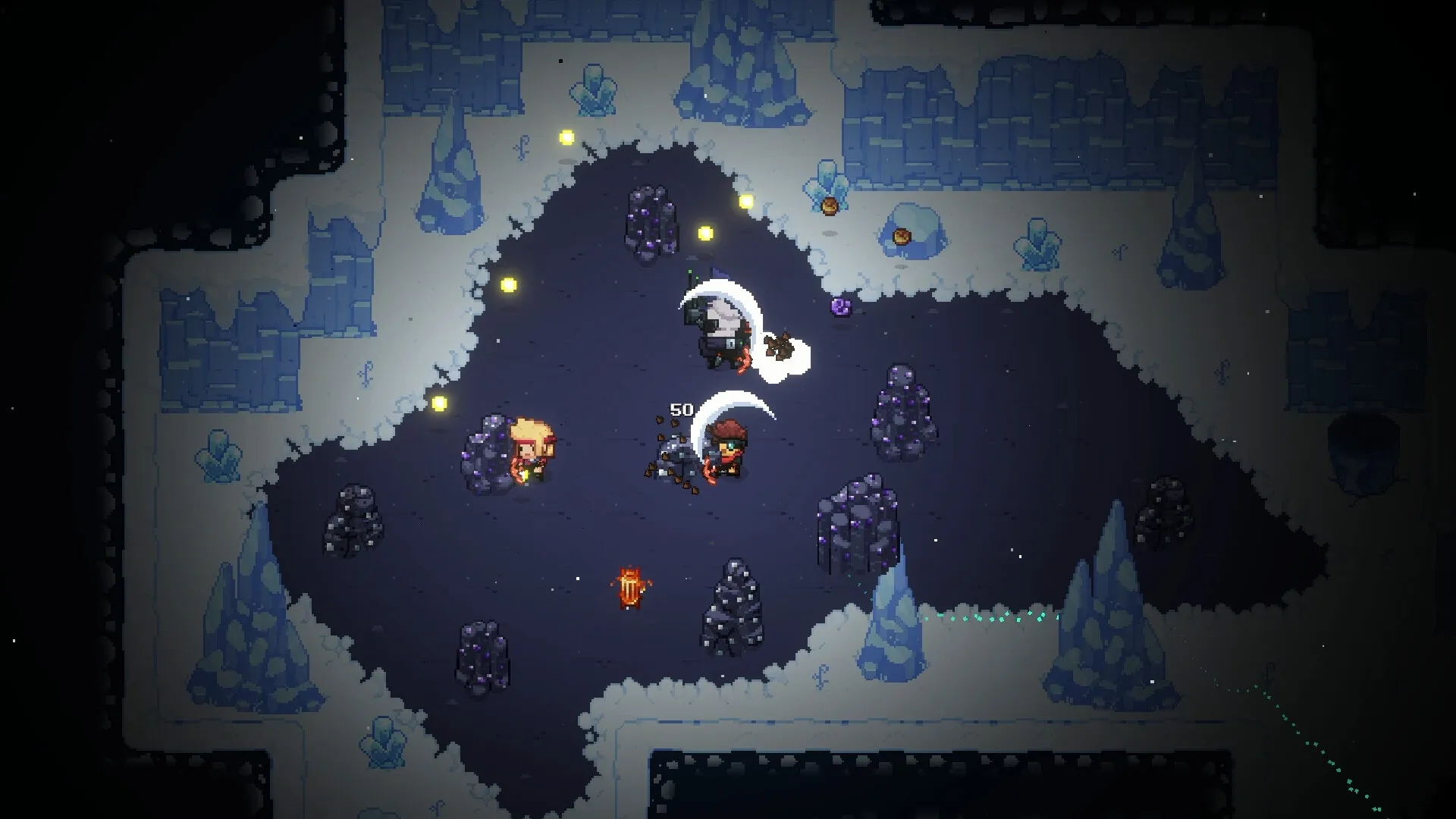 MineGeon: Two renegades battle enemies in an icy cave, surrounded by glowing crystals and rocks.