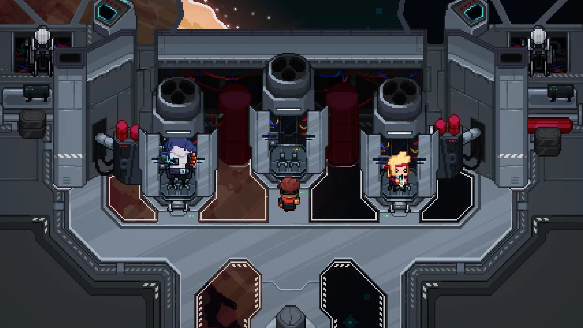 MineGeon: Character selection area with two renegades in futuristic pods on a space station platform