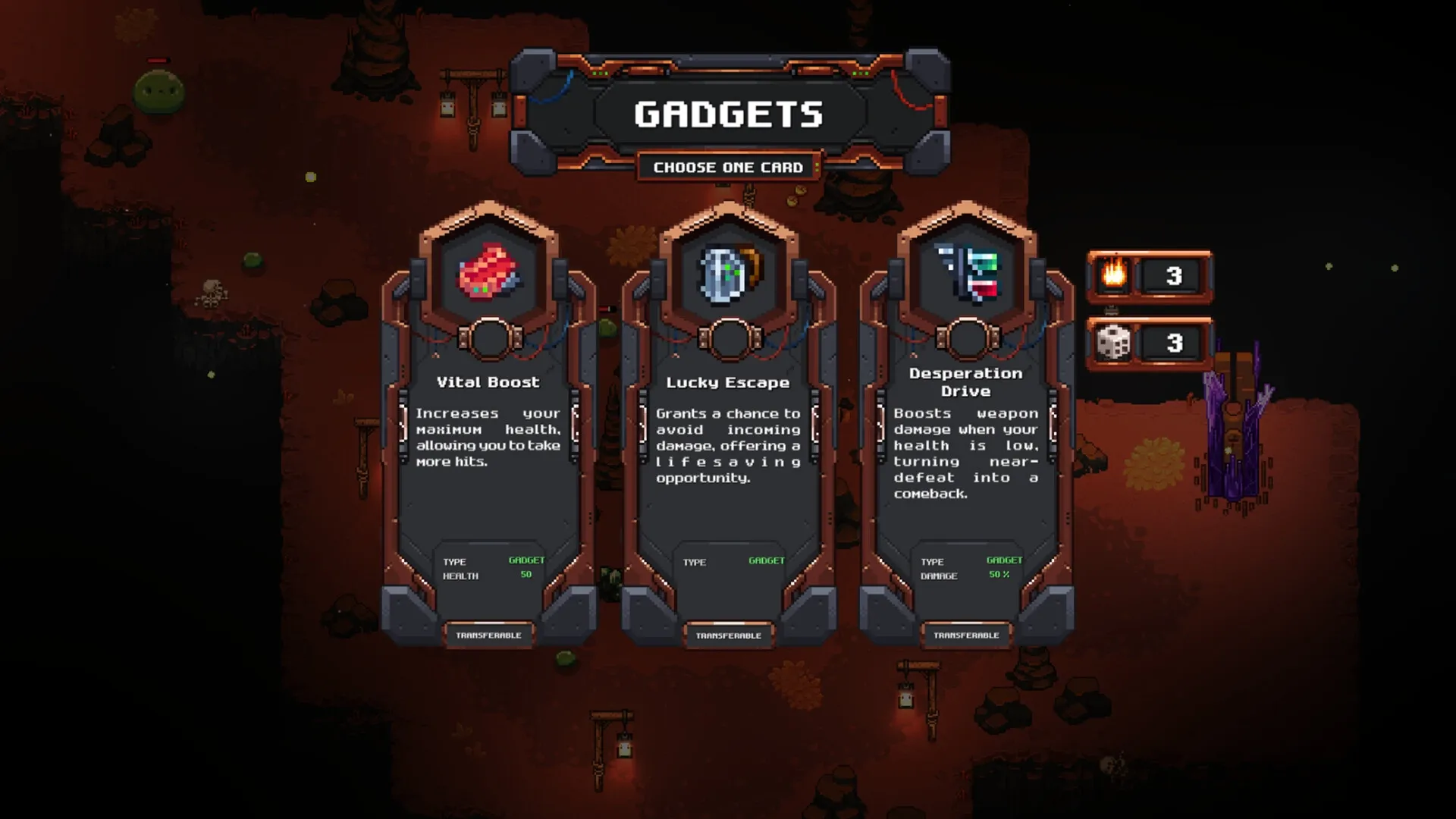 MineGeon: Gadget selection menu with three options, set in a dimly lit underground cavern environment.