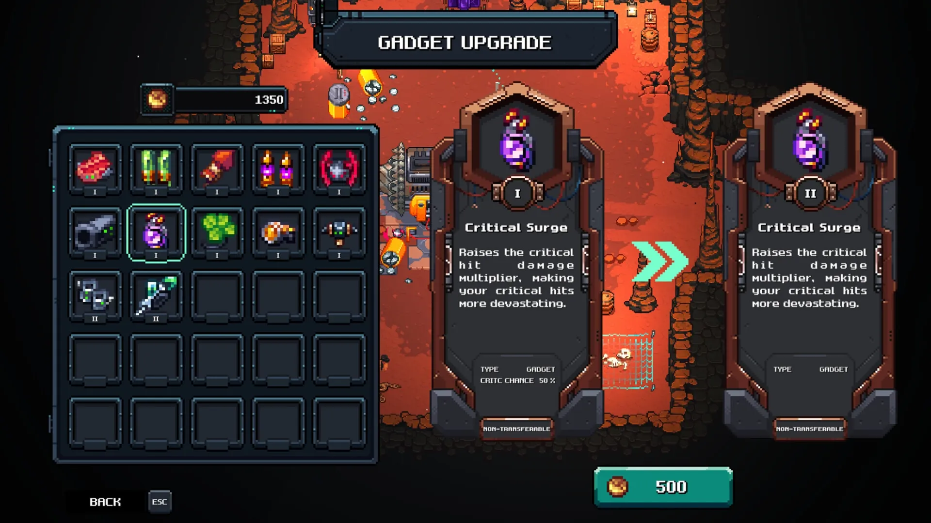 MineGeon: Gadget upgrade menu displayed in a cavern setting with various items and stats shown.
