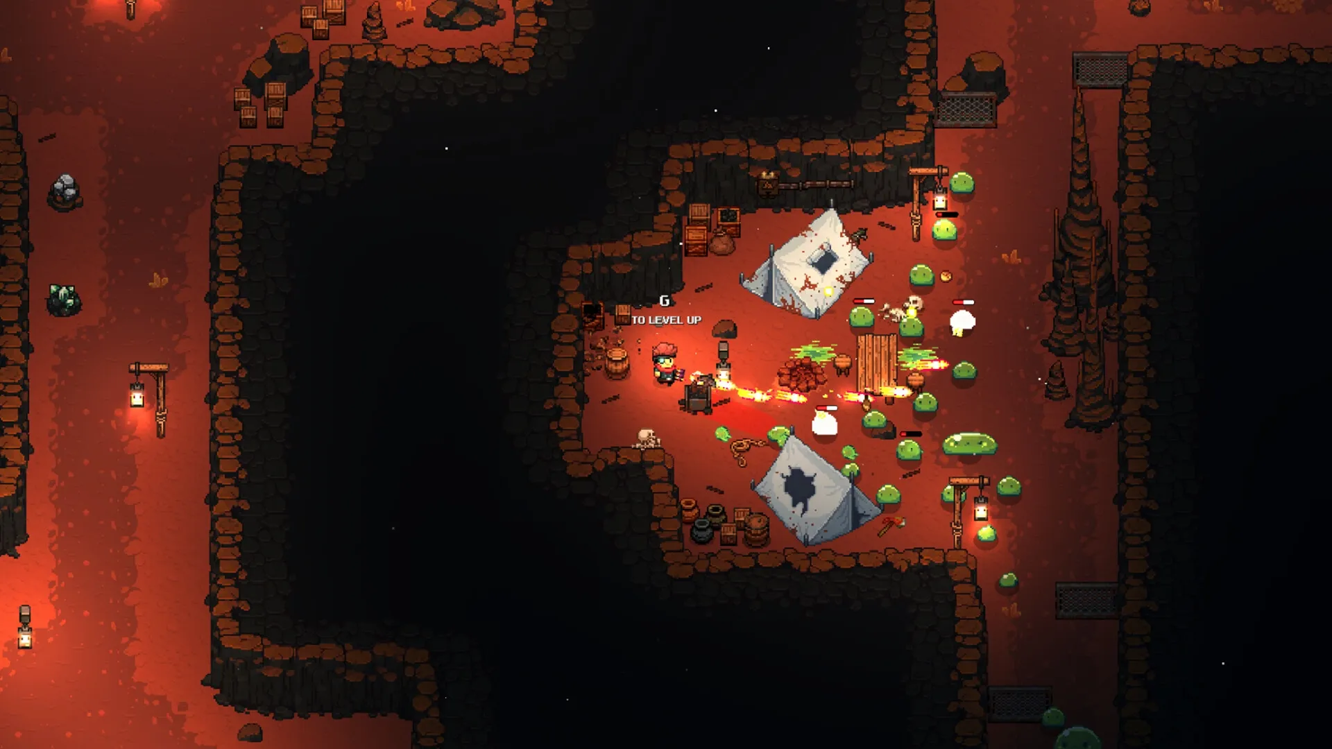 MineGeon: Player fighting slime enemies near tents in a dimly lit underground cavern environment