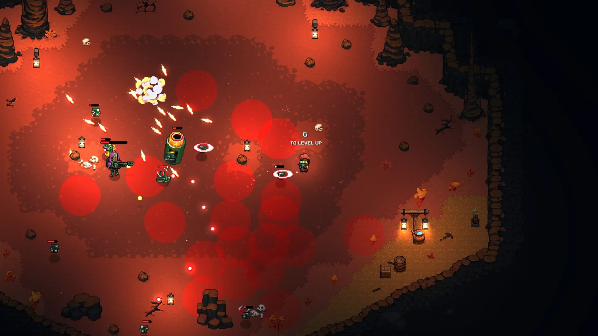 MineGeon: Intense combat with explosions and enemies in a fiery cave environment