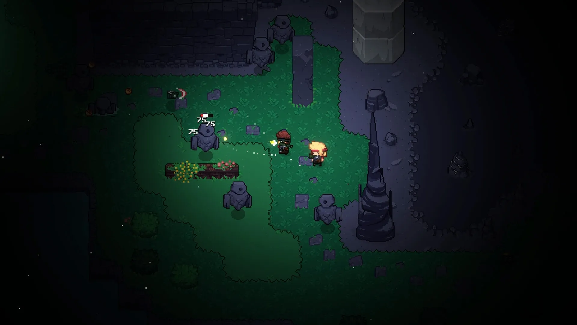 MineGeon: Two renegades in combat with stone golems on a grassy terrain with scattered ruins.
