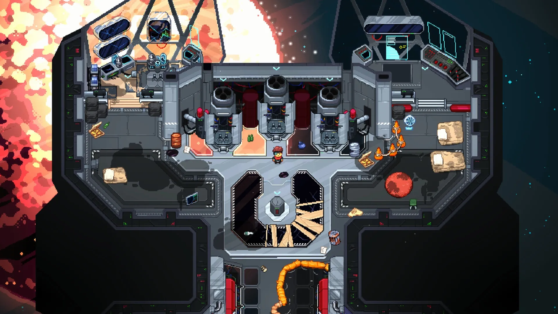 MineGeon: Player in spaceship interior with control panels, scattered items, and planet visible outside.