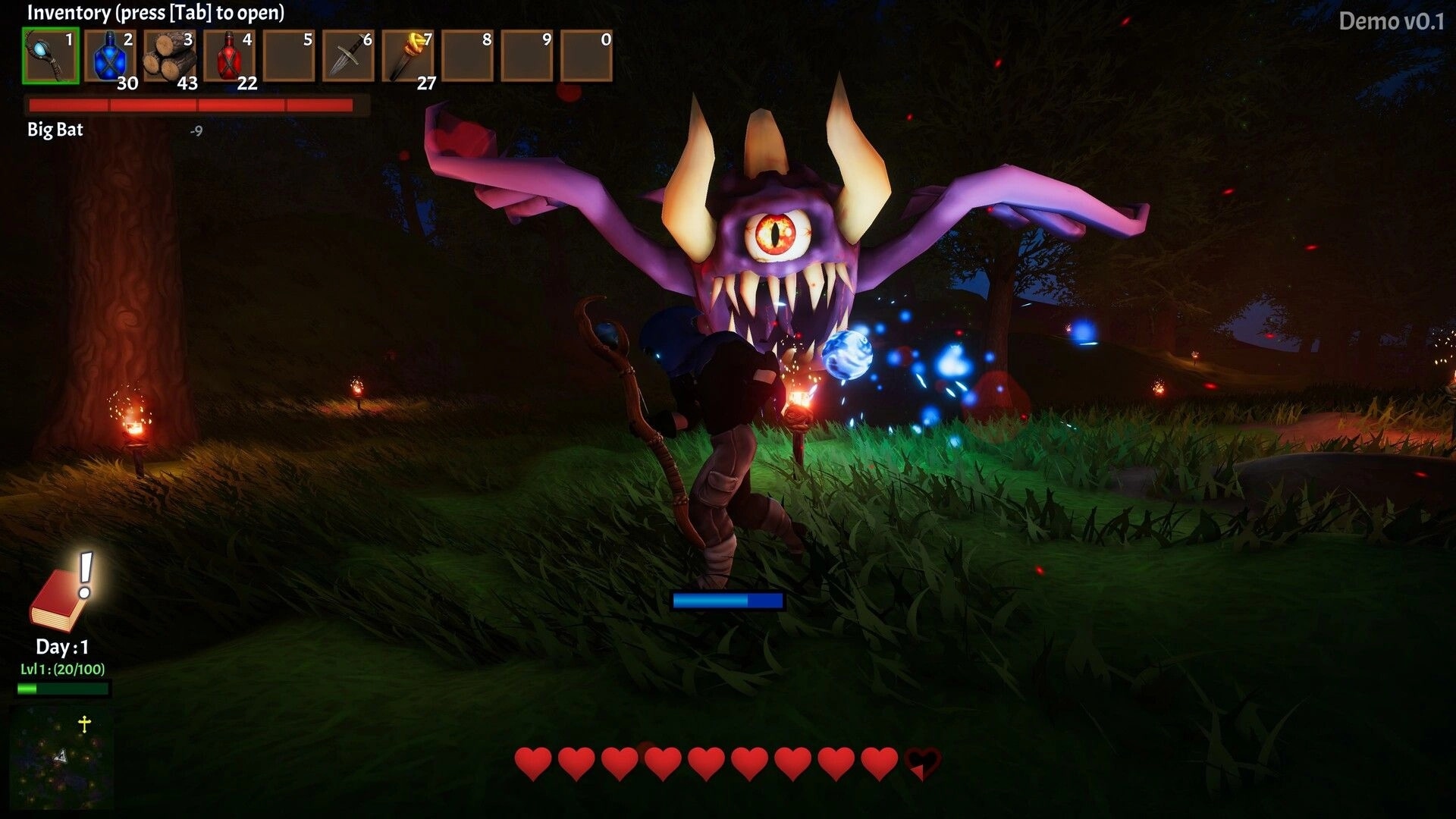 Miner Rogue: Player battles Big Bat with magic in dark forest, inventory and health bar displayed