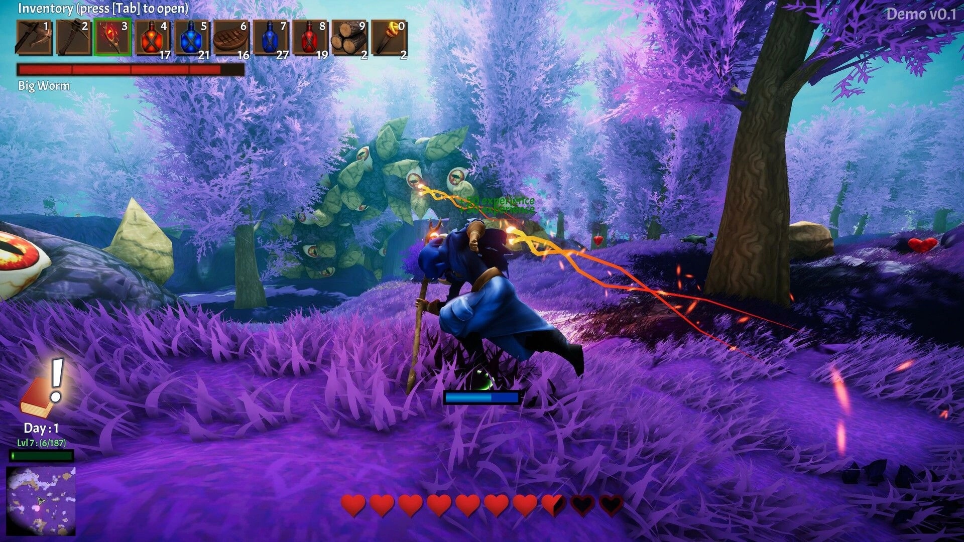 Miner Rogue: Player battles a giant worm in a purple forest with inventory and health bar displayed