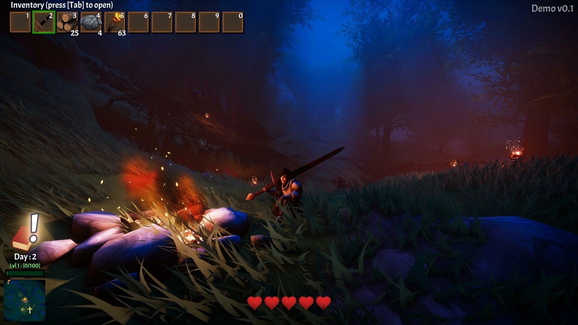 Miner Rogue: Player character by campfire in forest clearing with inventory and health displayed