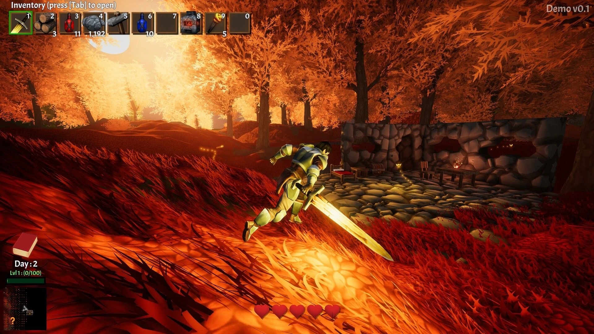 Miner Rogue: Knight explores autumn forest near stone base, inventory icons and health bar displayed