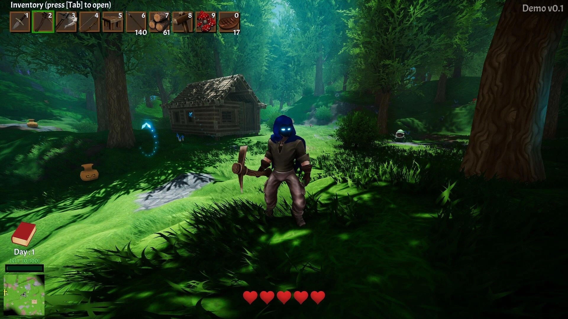 Miner Rogue: Character with pickaxe in forest clearing near cabin, inventory and hearts displayed