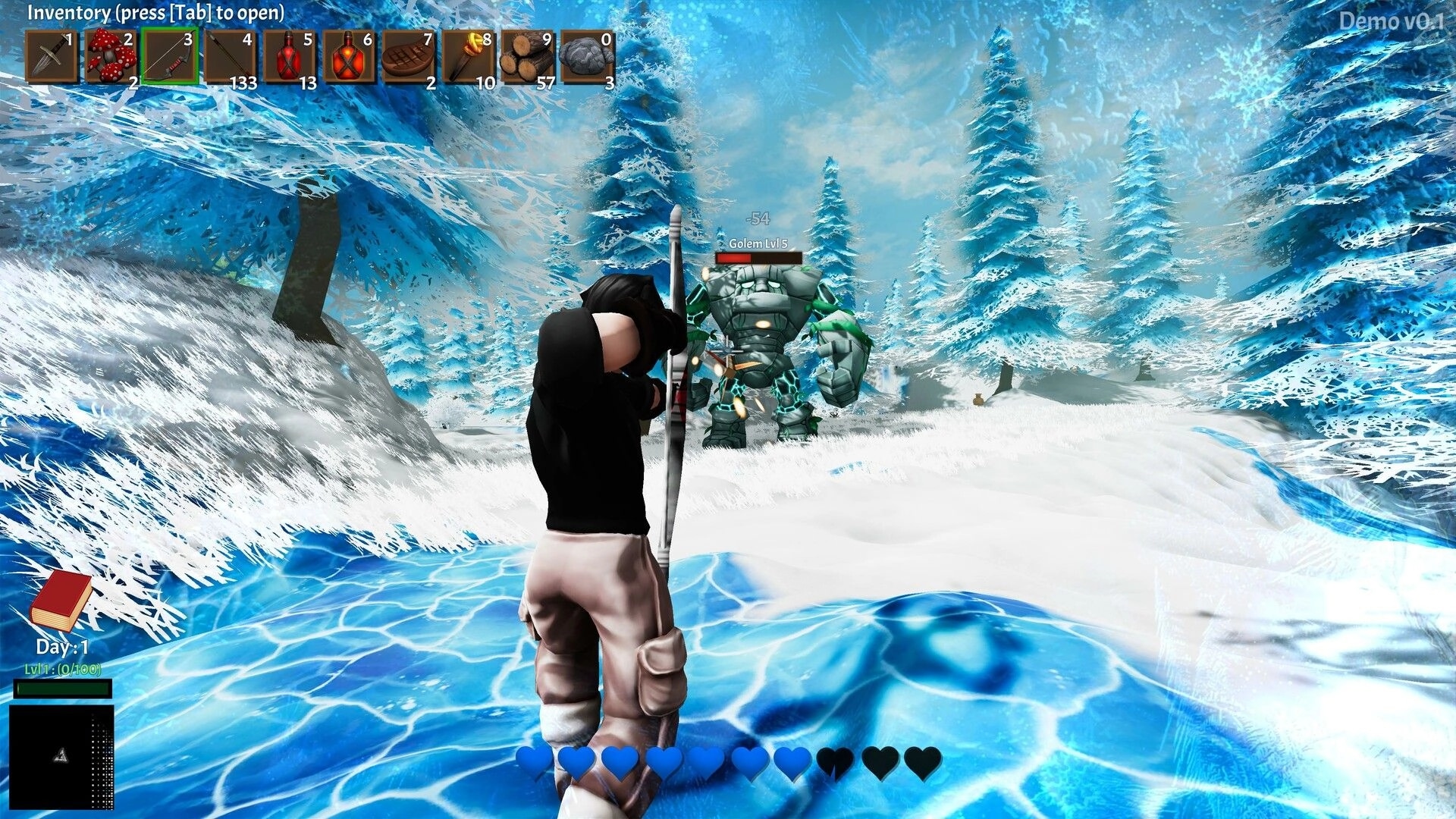 Miner Rogue: Player aims bow at Golem in snowy forest, inventory bar and health hearts visible