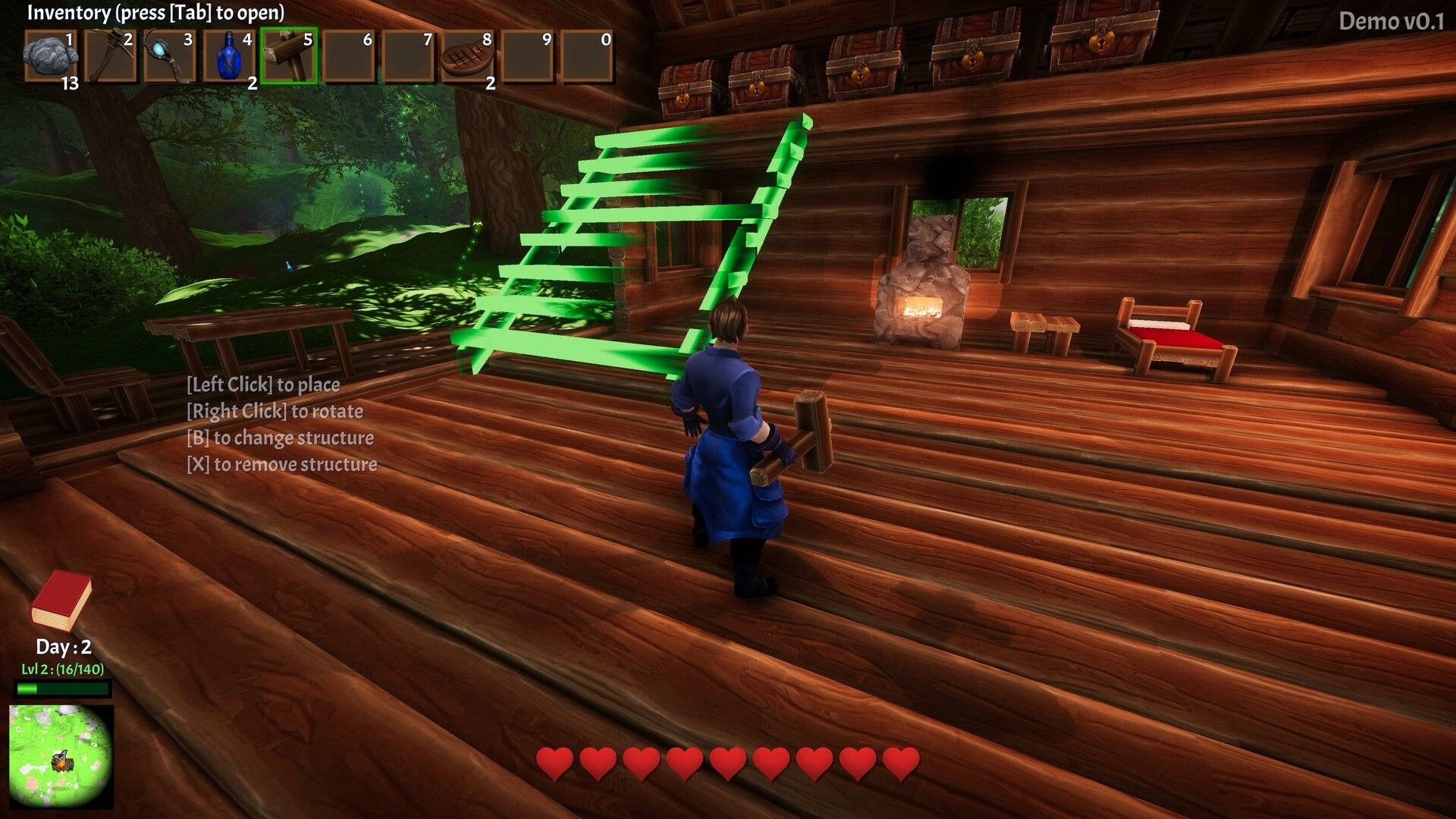 Miner Rogue: Character builds staircase inside wooden cabin with inventory and crafting options visible