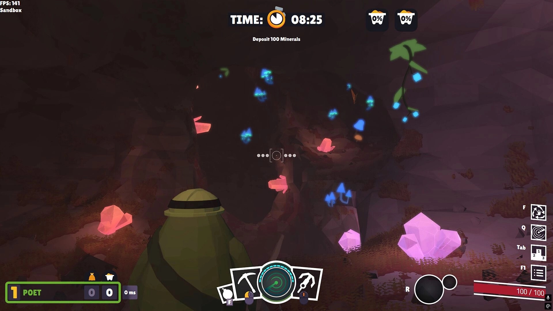 Mineral Madness: Mole character explores cave with colorful crystals and HUD displaying objectives