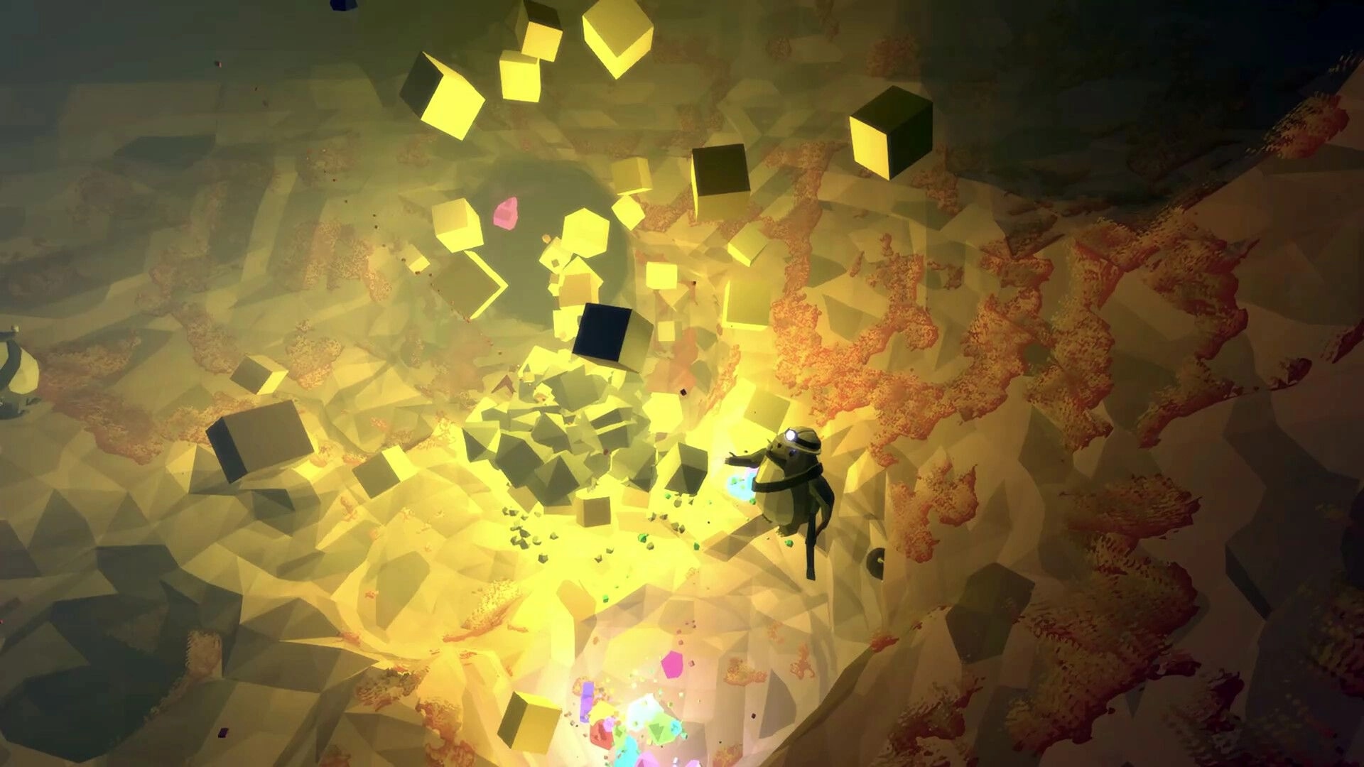 Mineral Madness: Mole character collecting glowing minerals in a brightly lit underground cave