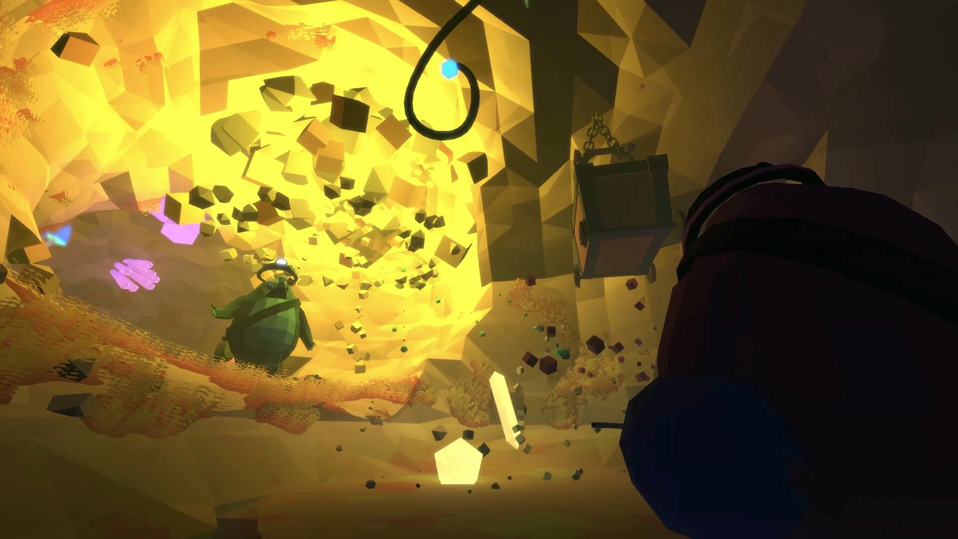 Mineral Madness: Moles battling amidst falling debris in a vibrant, chaotic underground cave environment