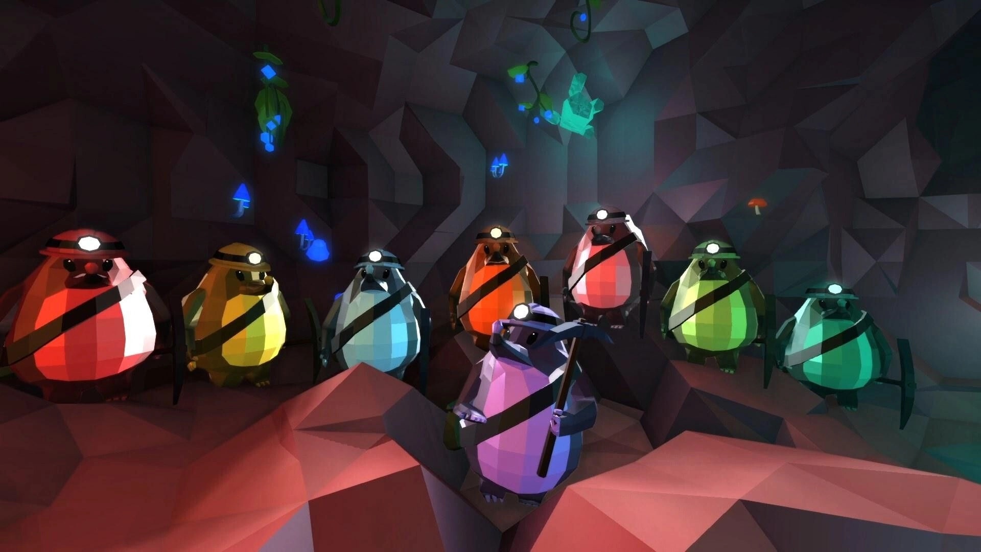 Mineral Madness: Colorful moles with pickaxes gather in a dimly lit cave, ready for action.
