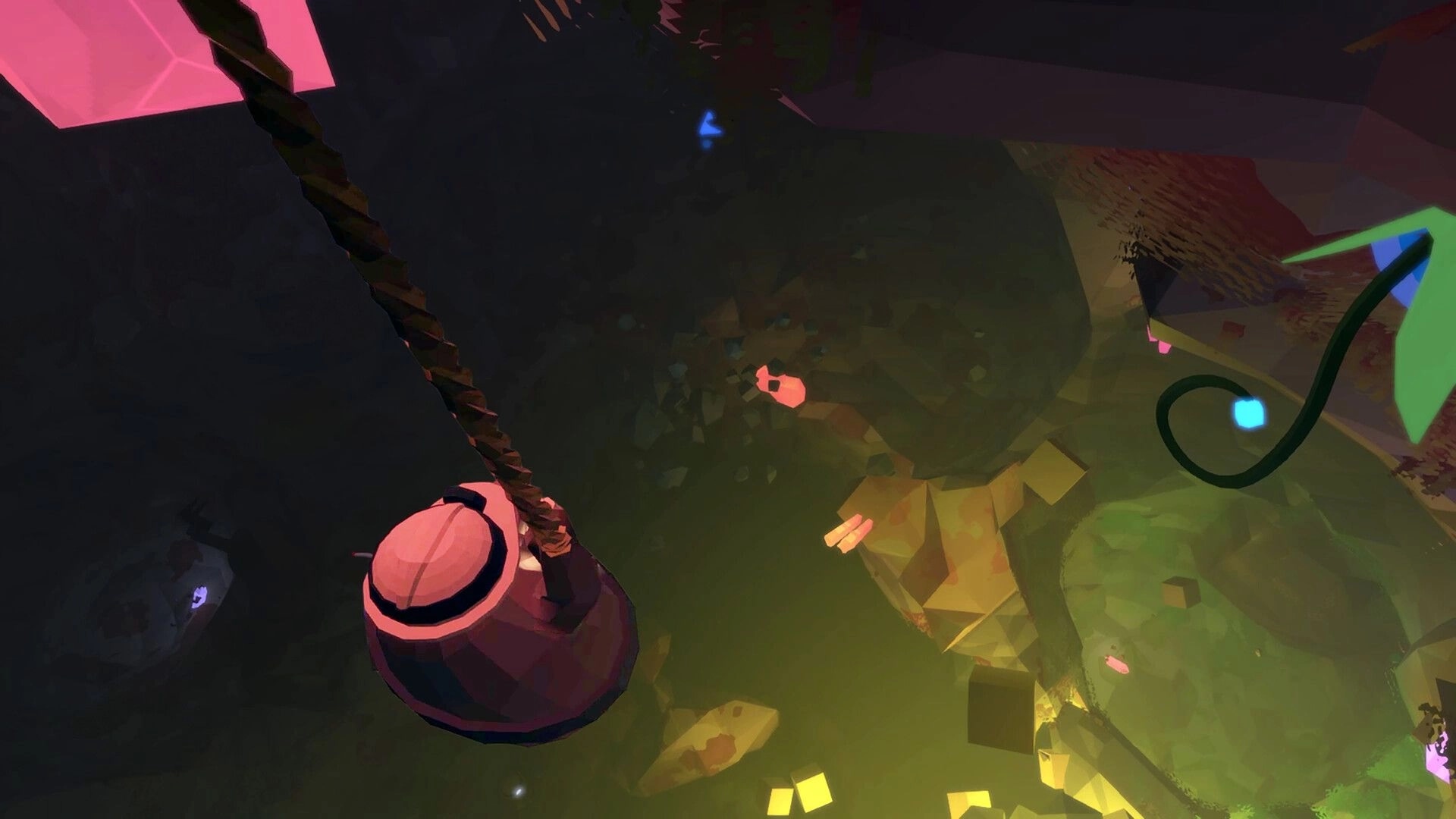 Mineral Madness: Mole swings on rope above glowing cave floor with scattered minerals and colorful lights