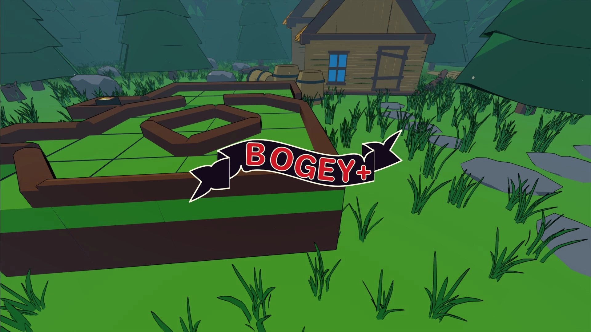 Miney Golf: Bogey+ score banner over winding mini golf hole in grassy forest beside a cabin.