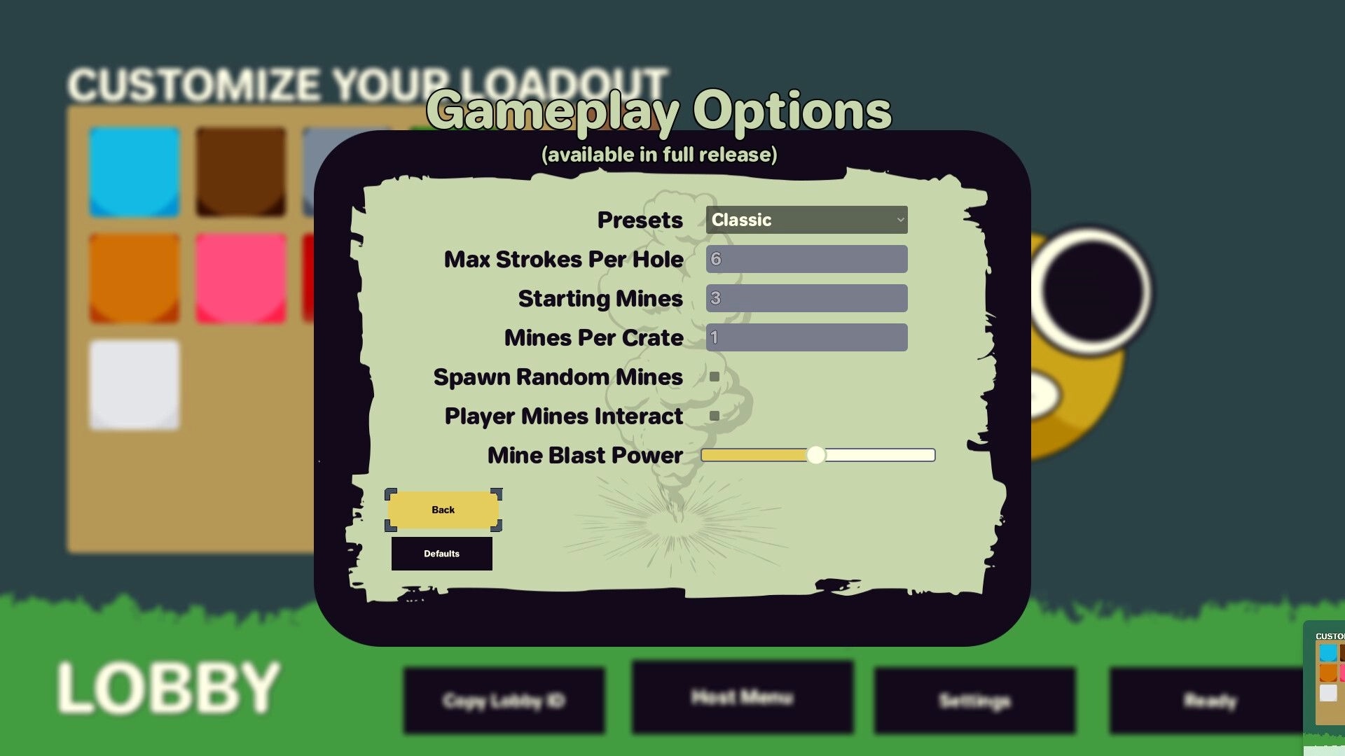 Miney Golf: Gameplay options menu with mine settings sliders and toggles over the lobby screen UI.