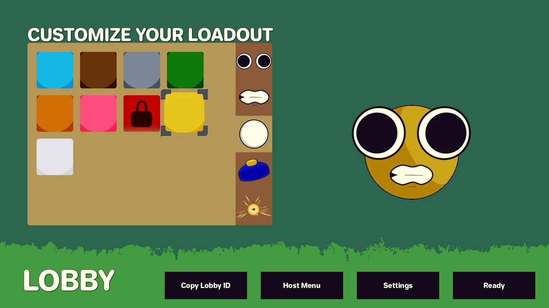 Miney Golf: Lobby loadout customization with color swatches and face icons on a green menu screen.