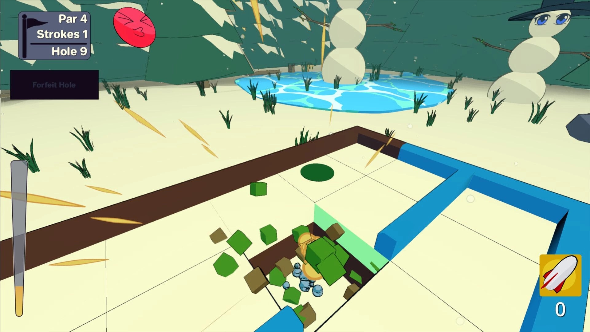 Miney Golf: Exploding mine blasts blocks near the hole on a snowy course with Par 4 UI and power meter.