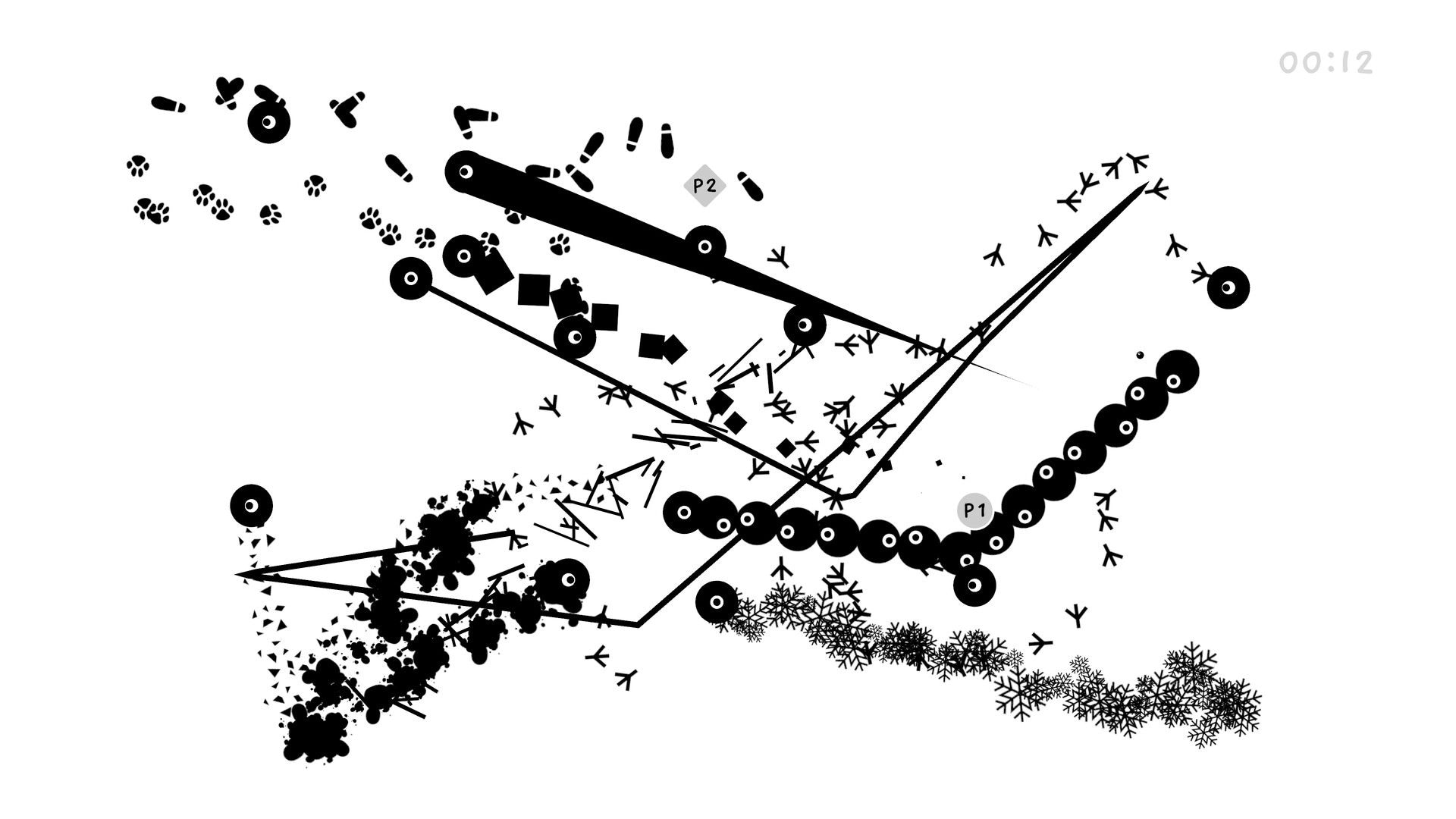 Mingle: Abstract black silhouettes with P1 and P2 markers amid chaotic tracks on white arena.