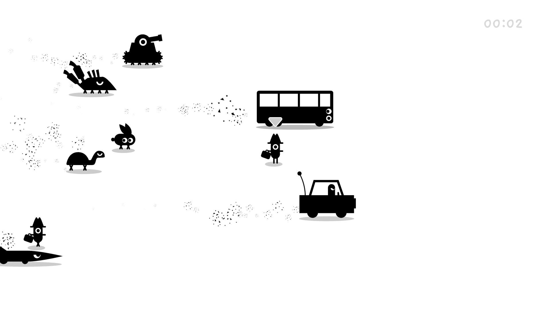Mingle: Monochrome crowd puzzle with tiny figures, bus and car icons on a blank white field.