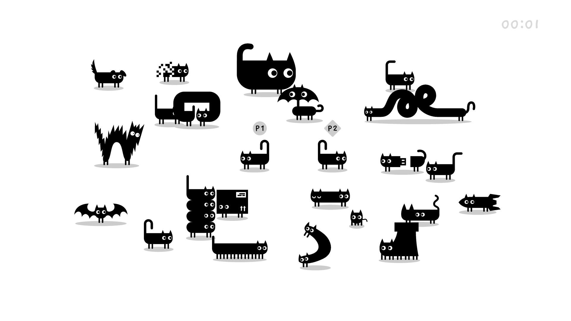 Mingle: P1 and P2 markers among quirky black cat crowd on a white background with timer UI.