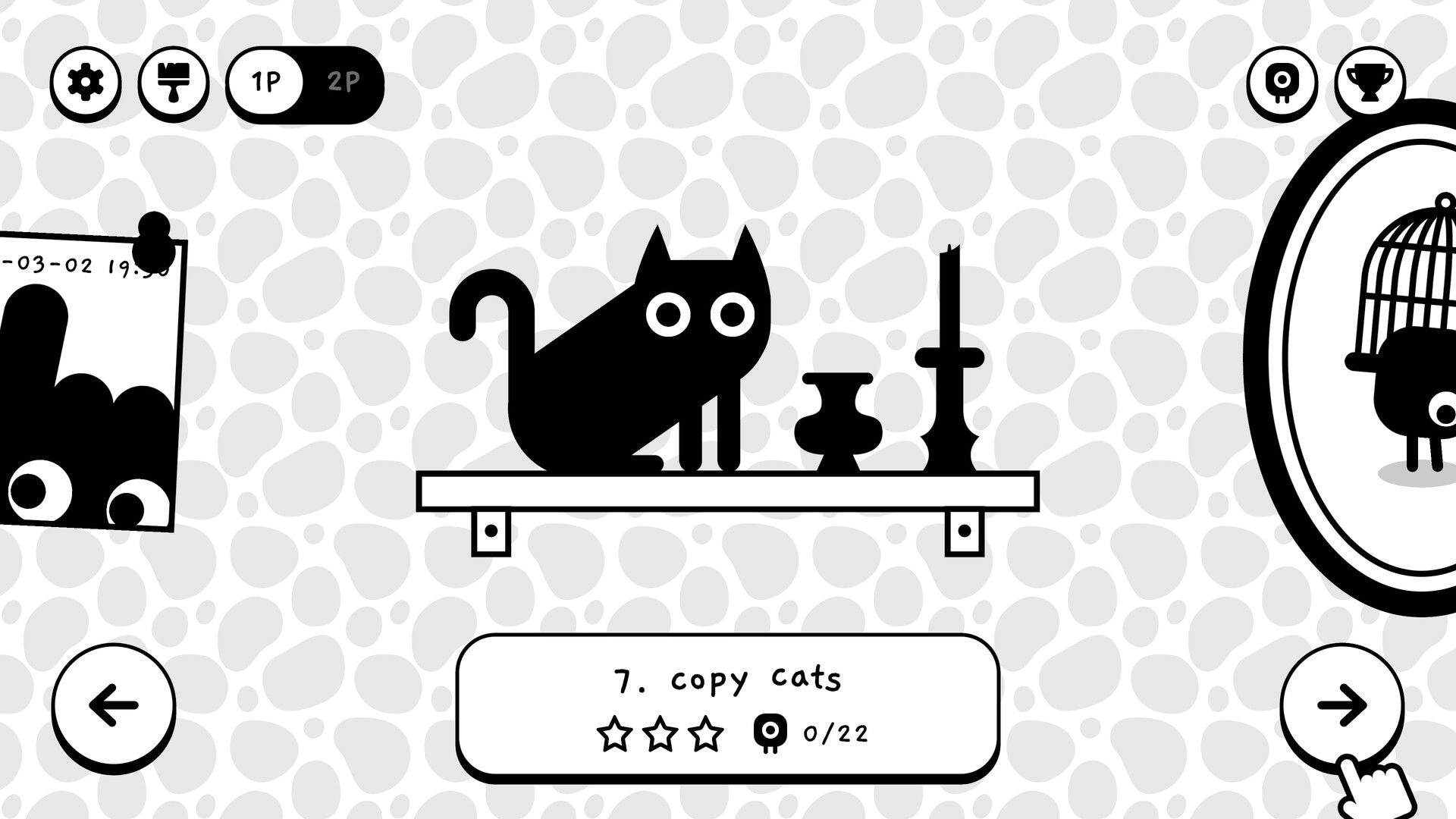 Mingle: Level select for 7. copy cats with a black cat on a shelf and left/right arrows on screen.
