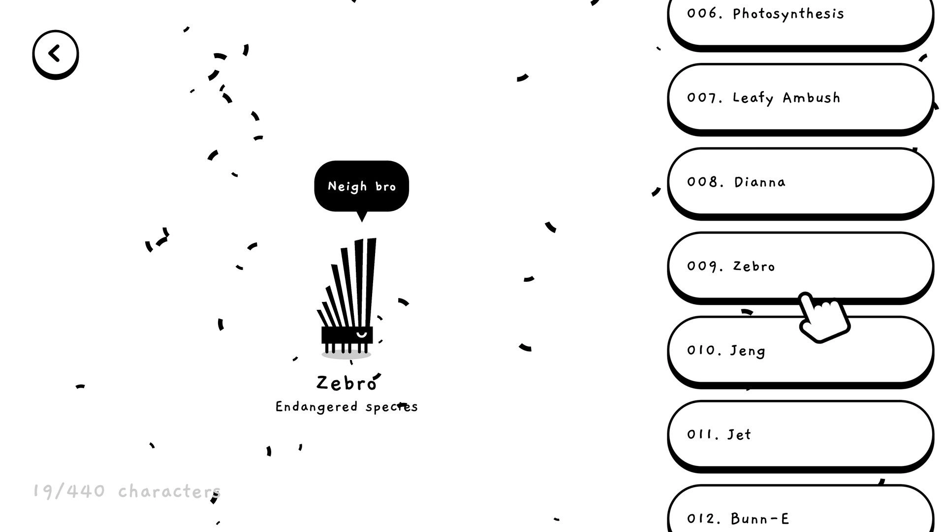 Mingle: Character list menu with Zebro selected, speech bubble and back button on white screen.