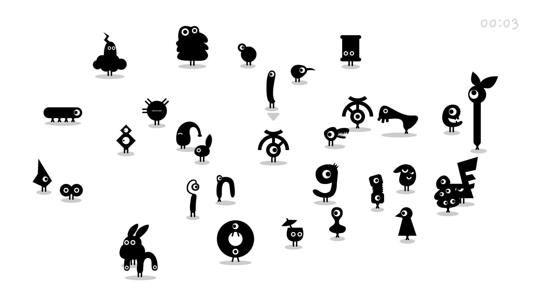 Mingle: Search among quirky black silhouette creatures on a white field, timer at top right 00:03.
