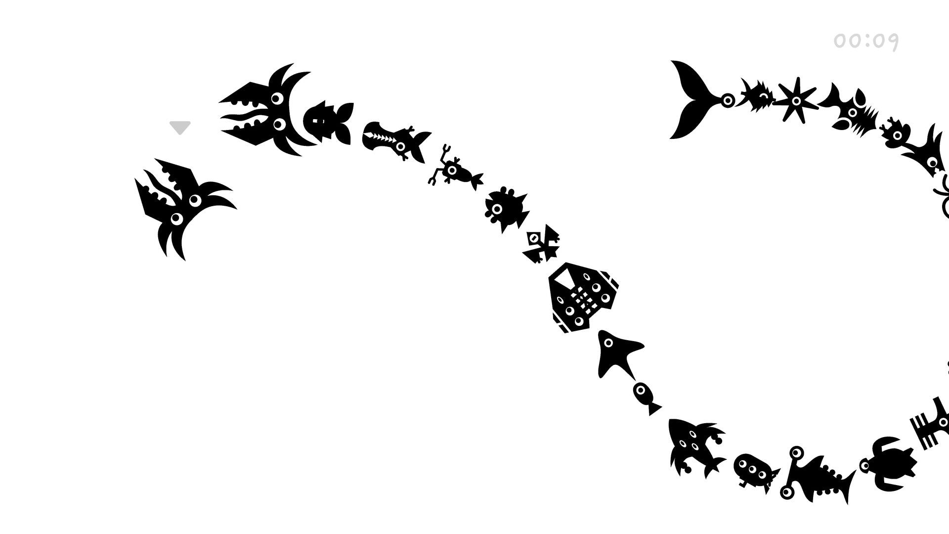 Mingle: Chain of black fish-like silhouettes forming a loop on white, with 00:09 timer top right.
