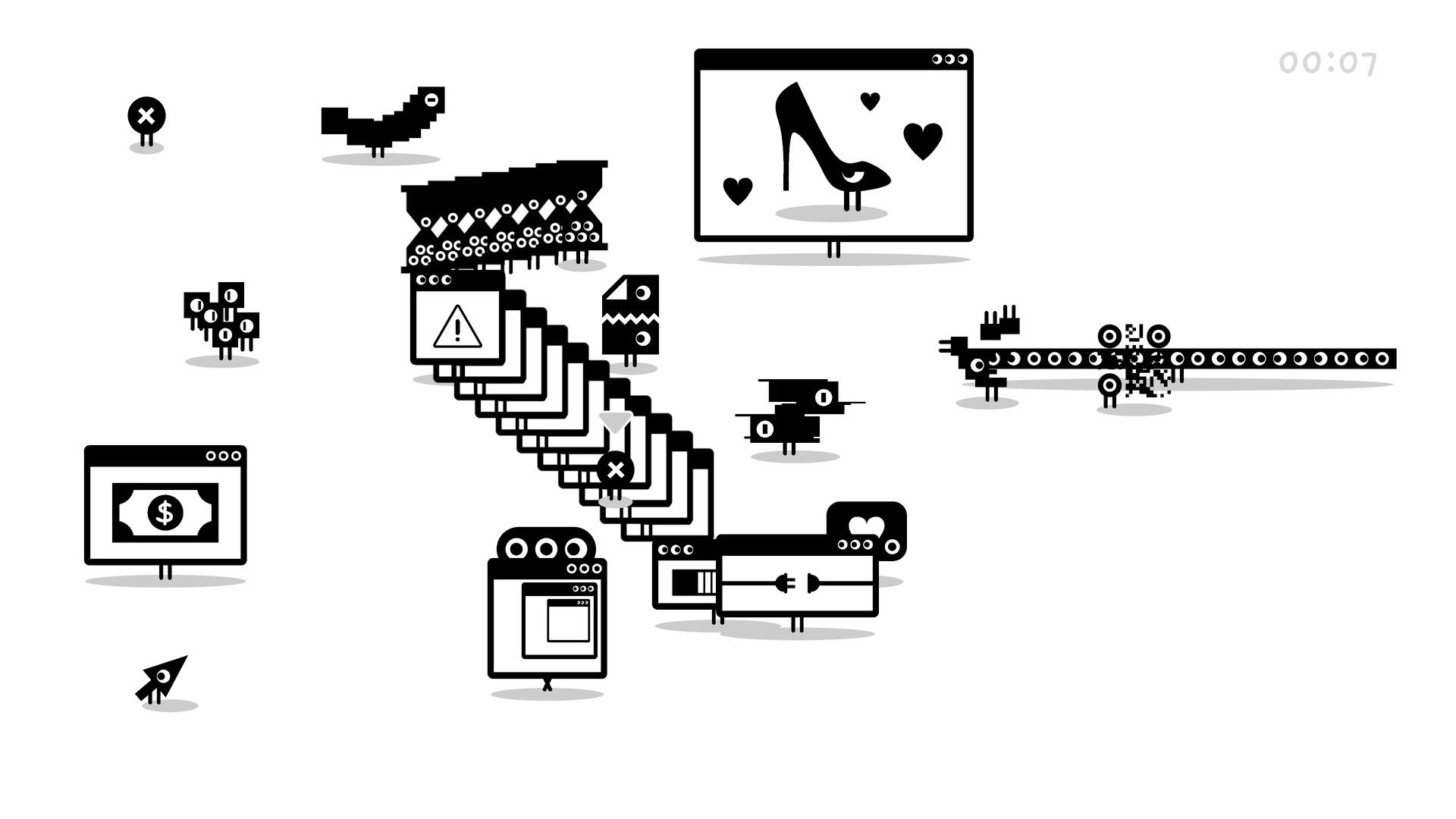 Mingle: Clicking through a crowd of quirky icon characters on a white stage with a 00:07 timer.
