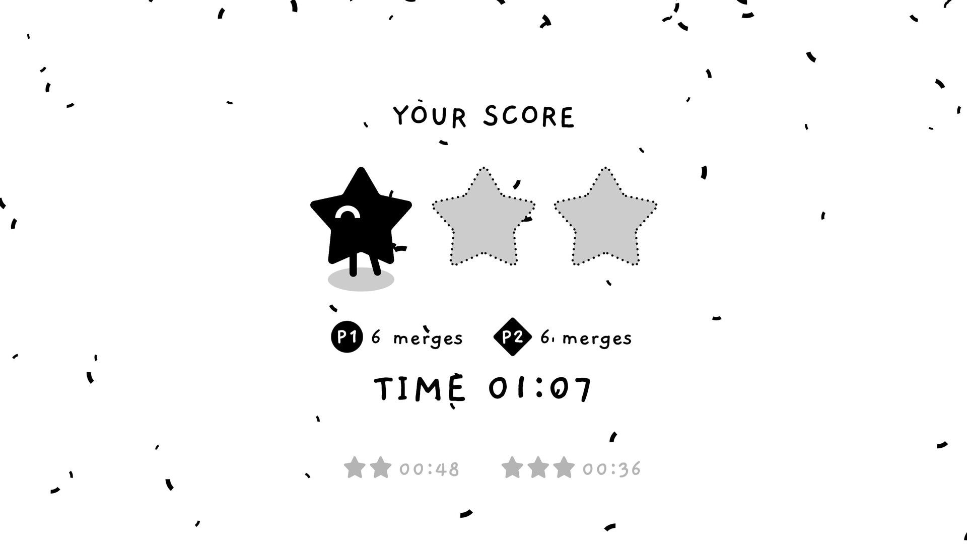 Mingle: Score results screen with one filled star, P1/P2 merges, and time 01:07 on white confetti backdrop.