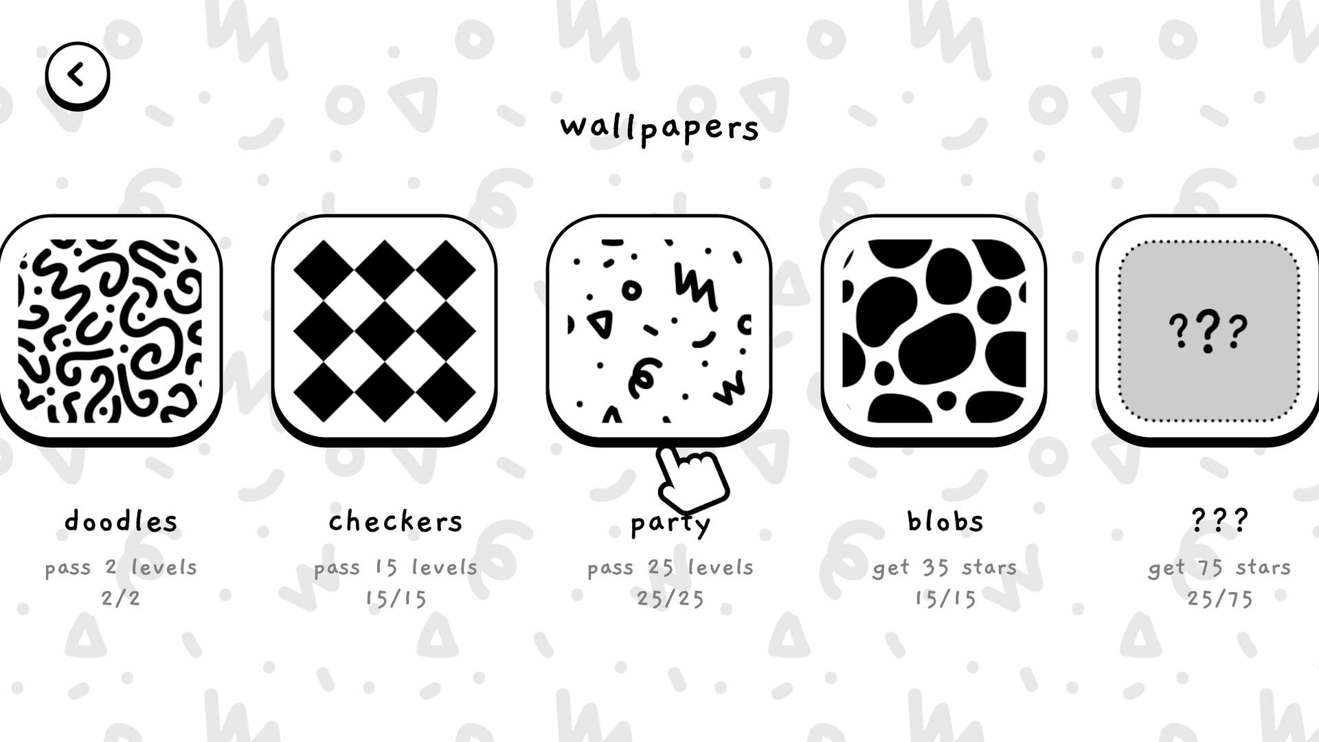 Mingle: Wallpapers selection menu with doodles, checkers, party, blobs, and locked ??? theme tiles.