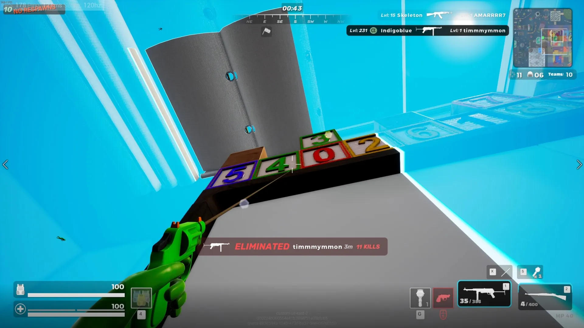 Mini Royale: Green soldier aiming near colorful block numbers in a bright kids' bedroom environment.