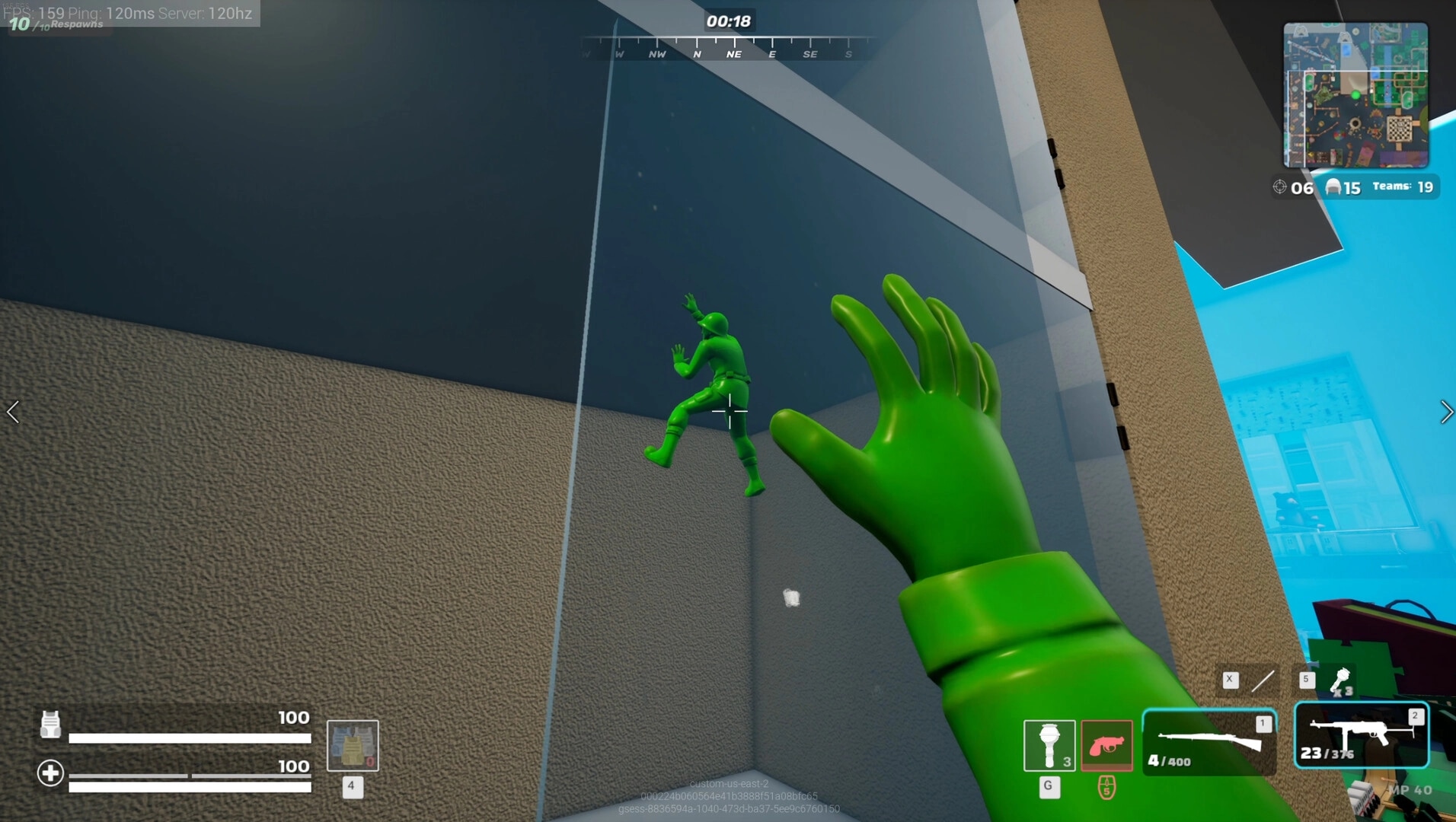 Mini Royale: Climbing army toy soldier with HUD elements in a kids' bedroom battle environment.