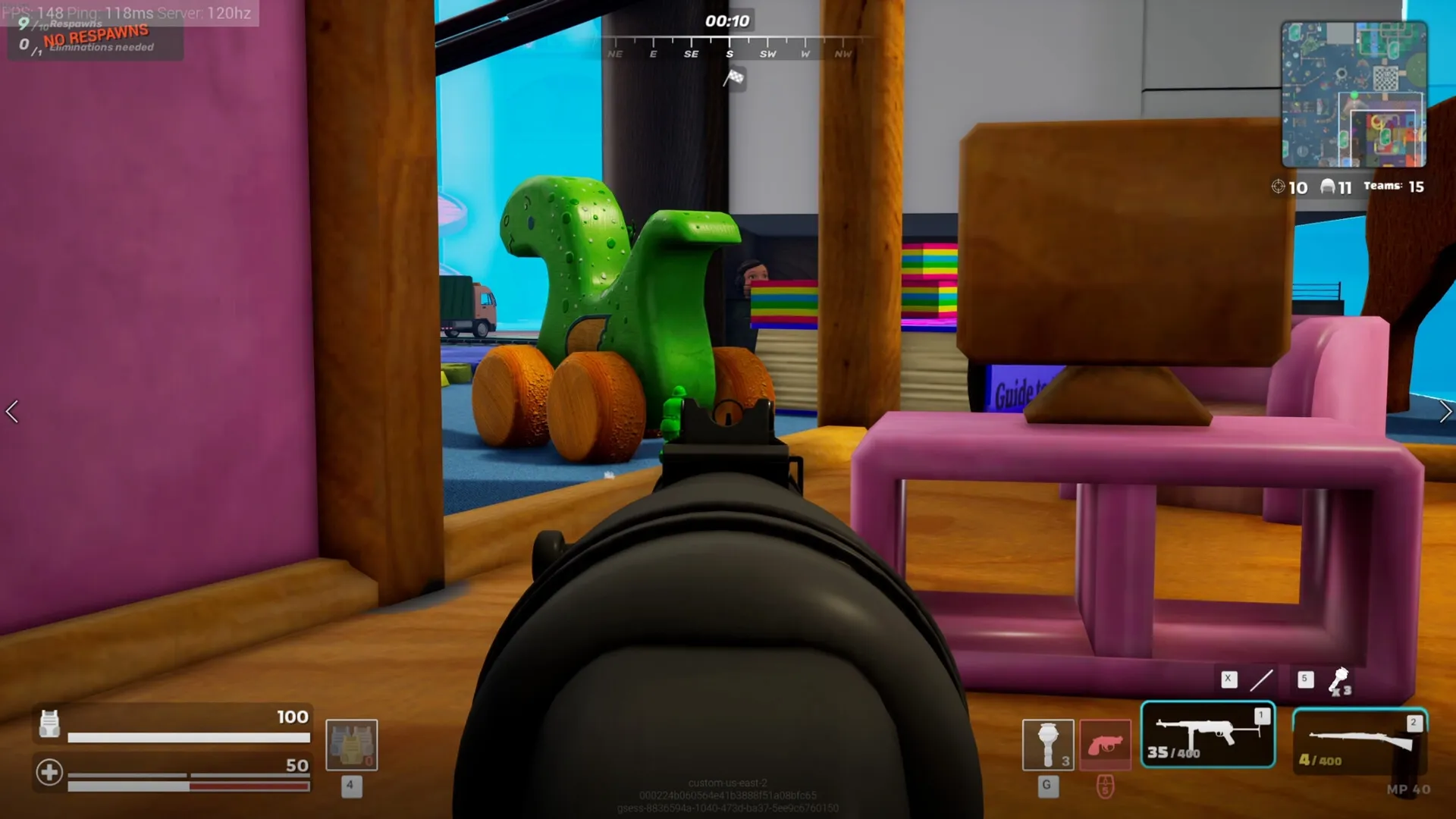 Mini Royale: First-person view aiming at green toy dinosaur in colorful kids' bedroom setting