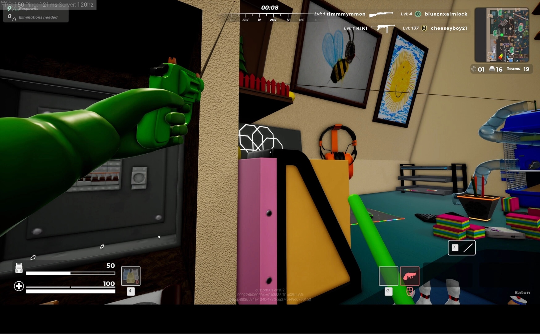 Mini Royale: Green army toy soldier aiming pistol in colorful kids' bedroom with various toys around