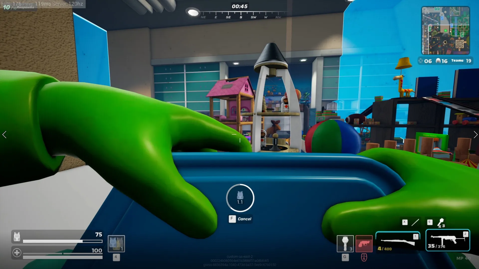 Mini Royale: Green army soldier aiming from behind a blue barricade in a colorful kids' bedroom.