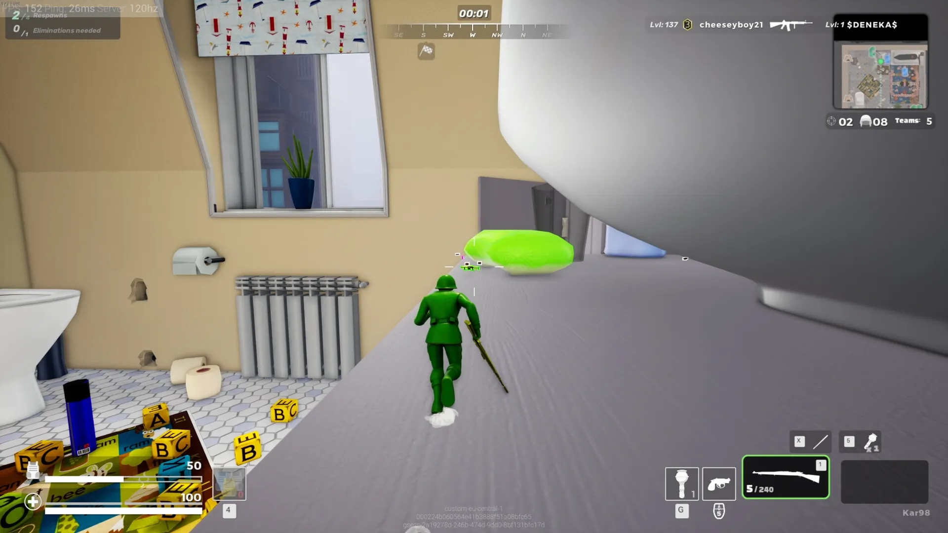 Mini Royale: Green army soldier runs along bathroom shelf with UI elements and minimap displayed