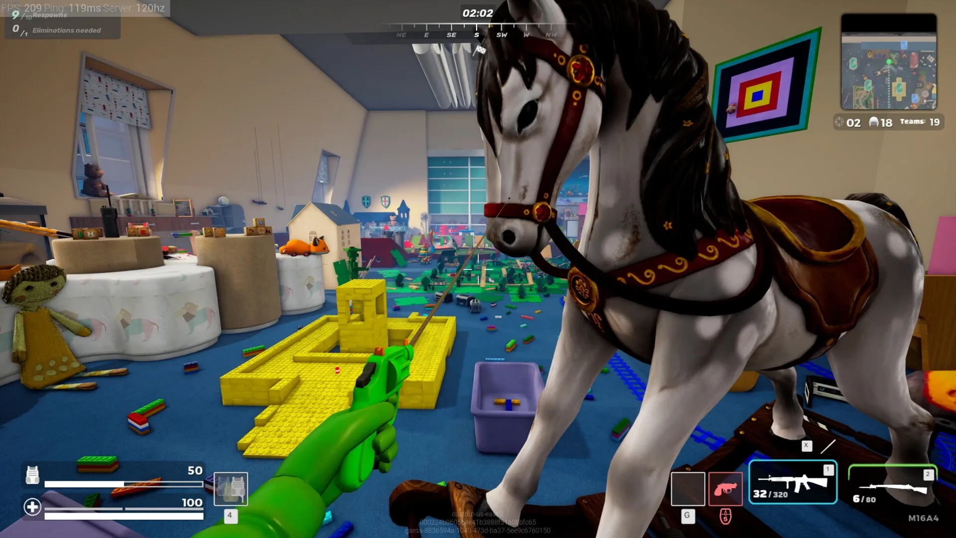 Mini Royale: Green soldier aiming in a kids' bedroom filled with toys and a large rocking horse
