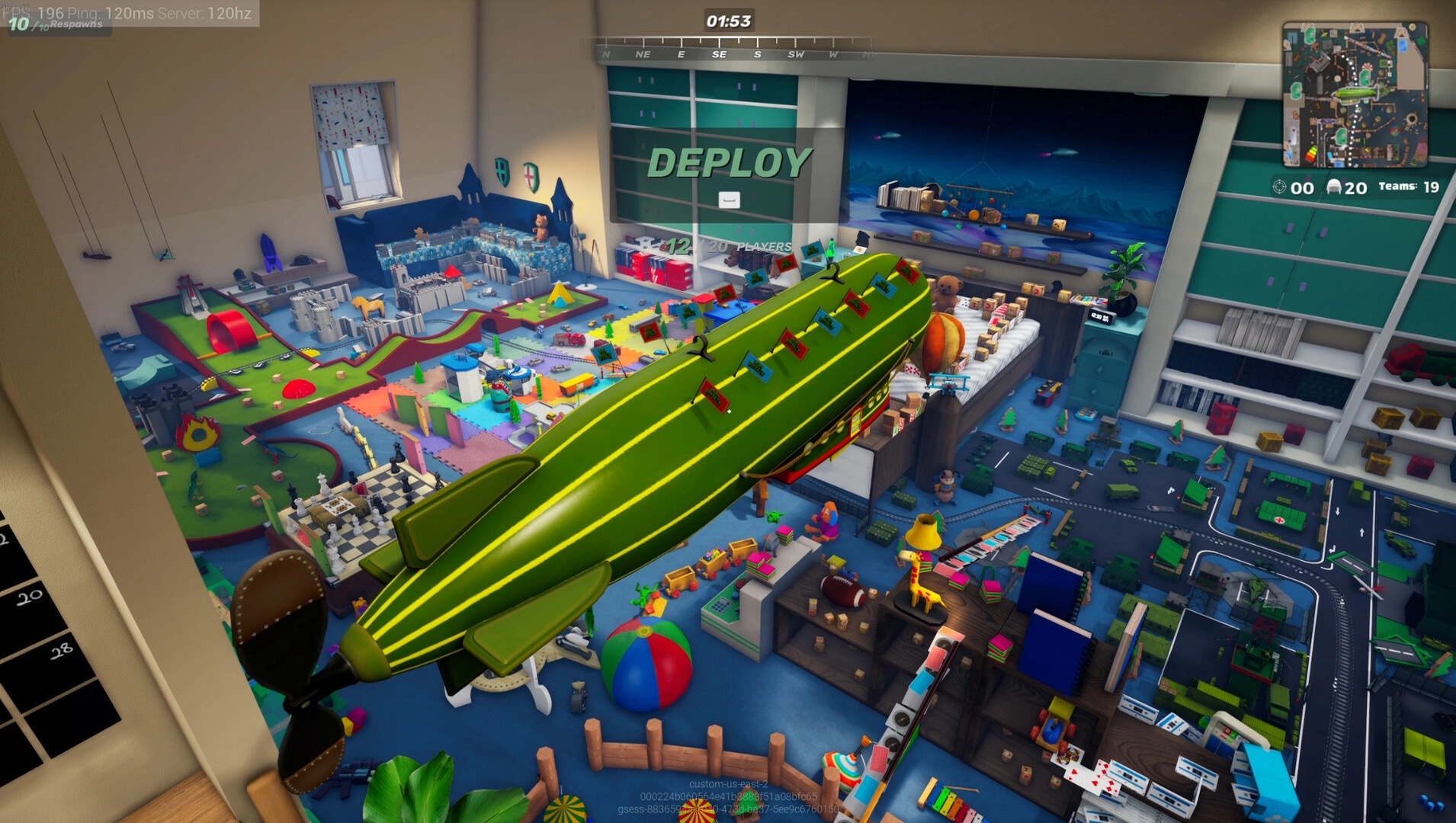 Mini Royale: Green blimp flies over toy battlefield in a colorful kids' bedroom with "DEPLOY" prompt